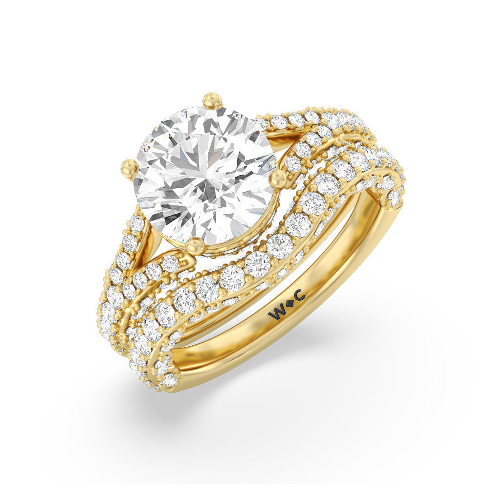 Pave Split Shank Scalloped Hidden Halo Diamond Wedding Band with 18KT Yellow Gold Cut Diamond in 14KT Yellow Gold view 3
