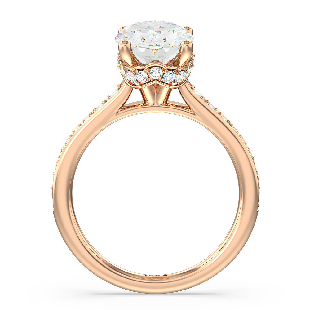 Tapering Scalloped Hidden Halo Engagement Ring with Oval Cut Diamond in 14KT Rose Gold view 2
