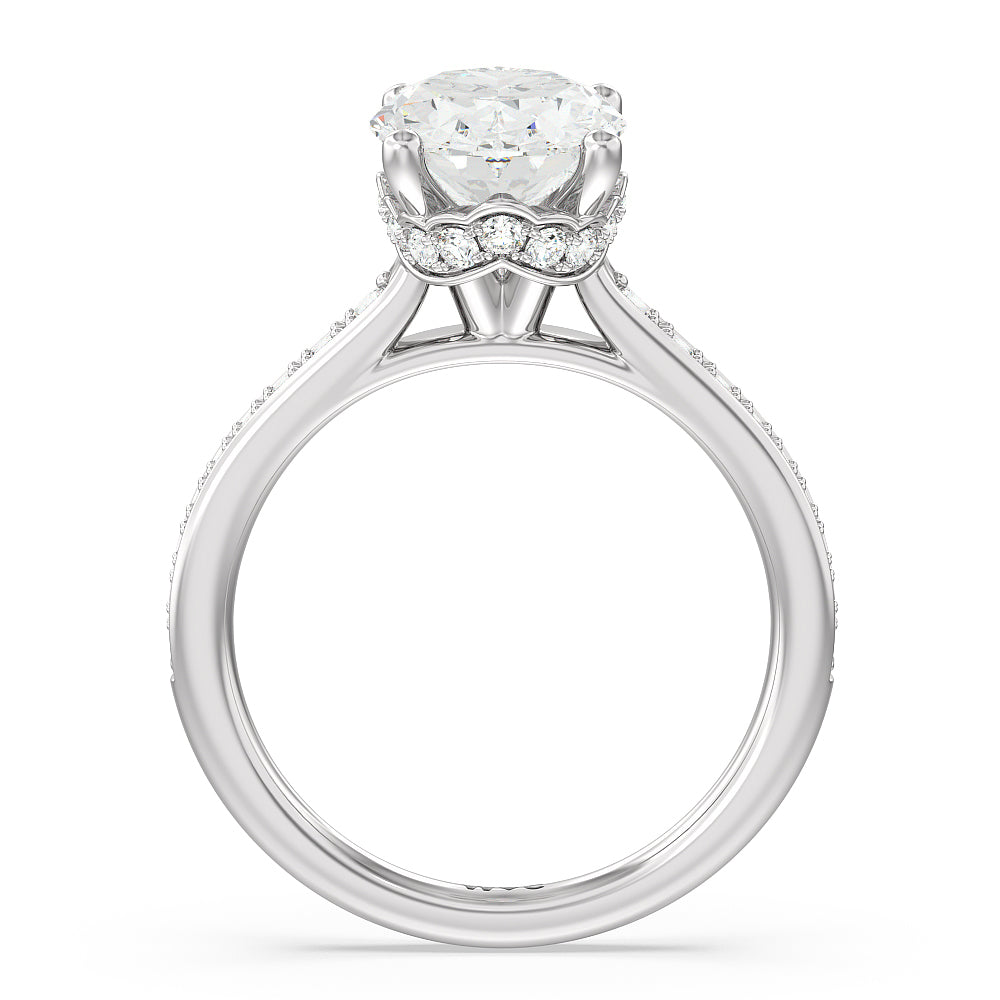 Tapering Scalloped Hidden Halo Engagement Ring with Oval Cut Diamond in 14KT Platinum view 2
