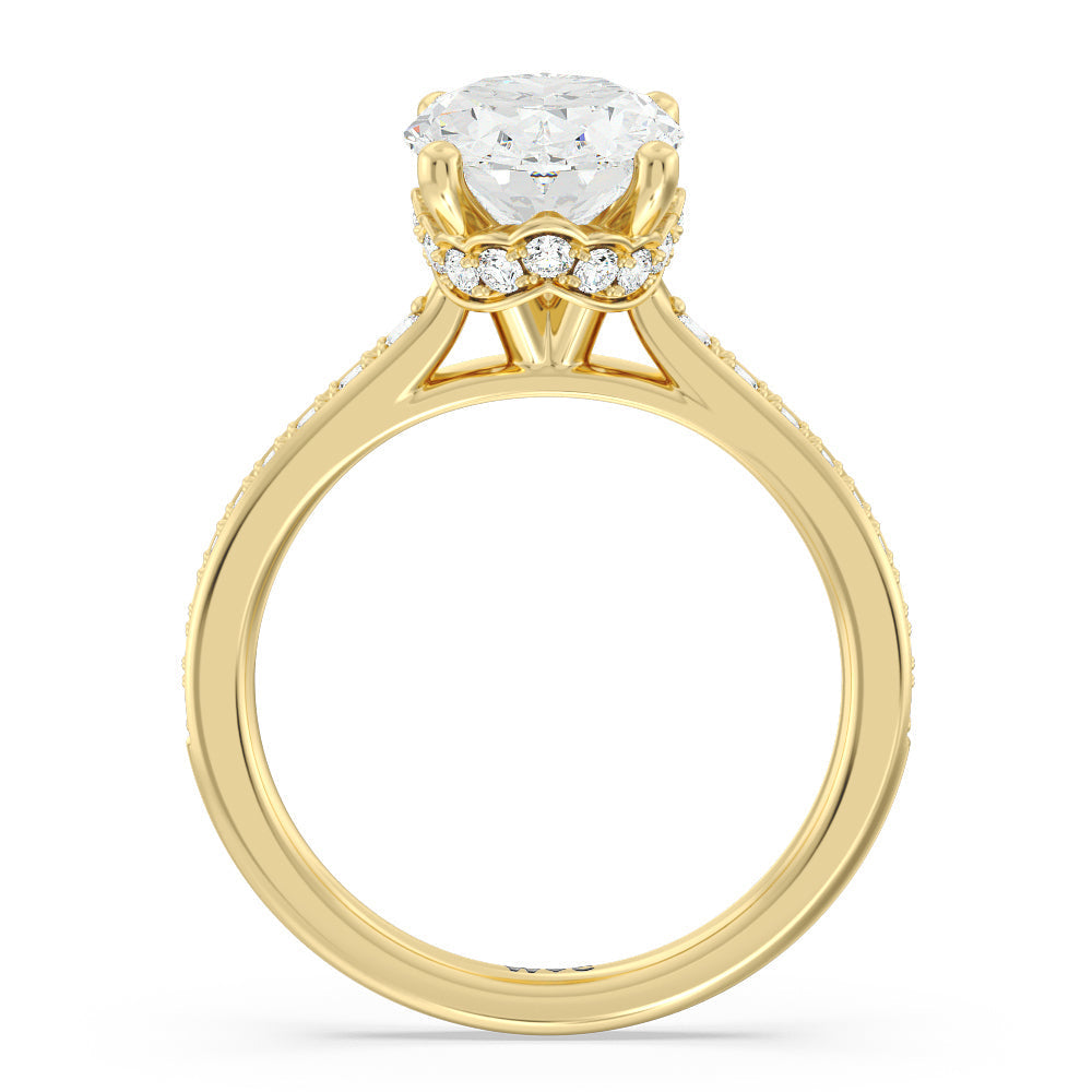 Tapering Scalloped Hidden Halo Engagement Ring with Oval Cut Diamond in 14KT Yellow Gold view 2
