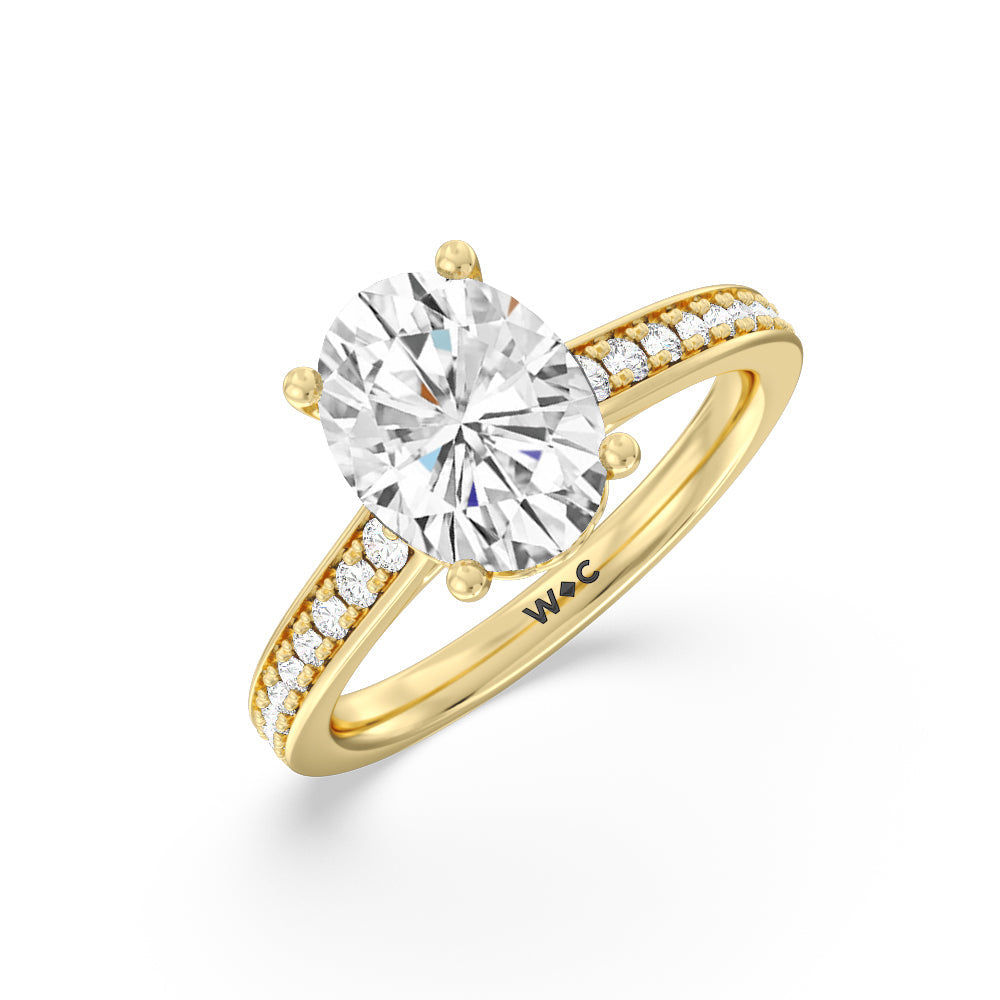 Tapering Scalloped Hidden Halo Engagement Ring with Oval Cut Diamond in 14KT Yellow Gold view 3
