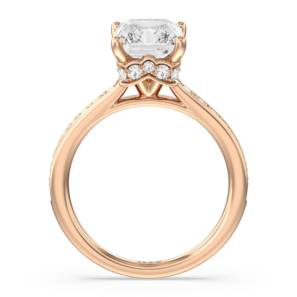 Tapering Scalloped Hidden Halo Engagement Ring with Radiant Cut Diamond in 14KT Rose Gold view 2

