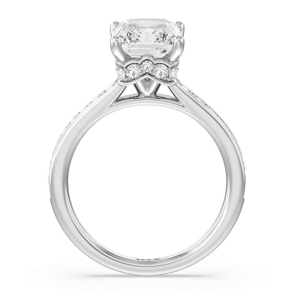Tapering Scalloped Hidden Halo Engagement Ring with Radiant Cut Diamond in 14KT Platinum view 2
