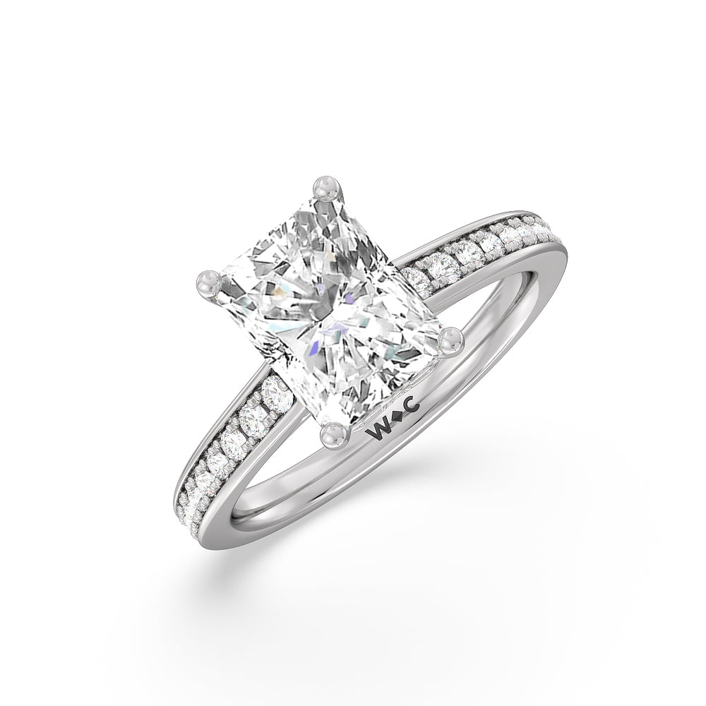 Tapering Scalloped Hidden Halo Engagement Ring with Radiant Cut Diamond in 14KT Platinum view 3
