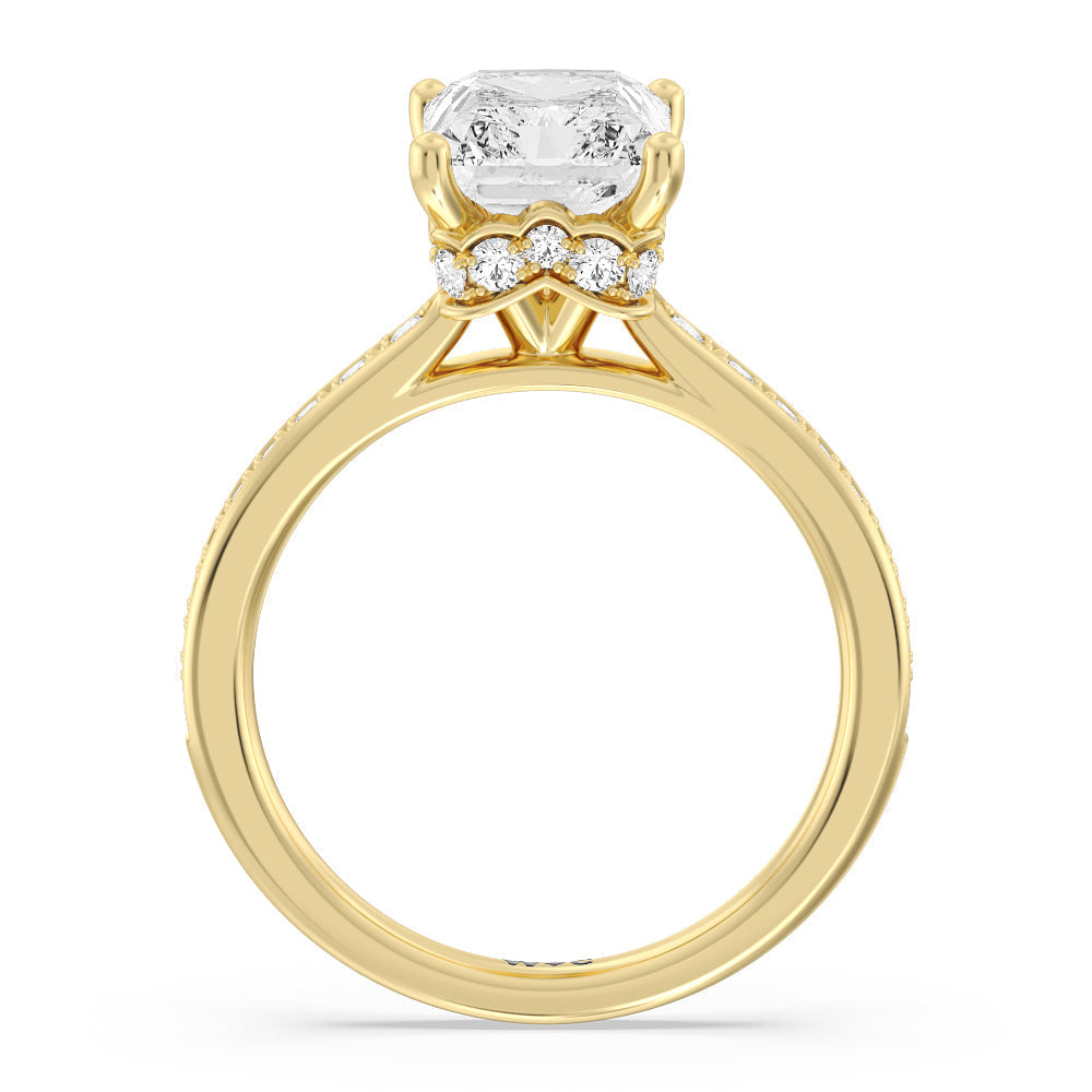 Tapering Scalloped Hidden Halo Engagement Ring with Radiant Cut Diamond in 14KT Yellow Gold view 2
