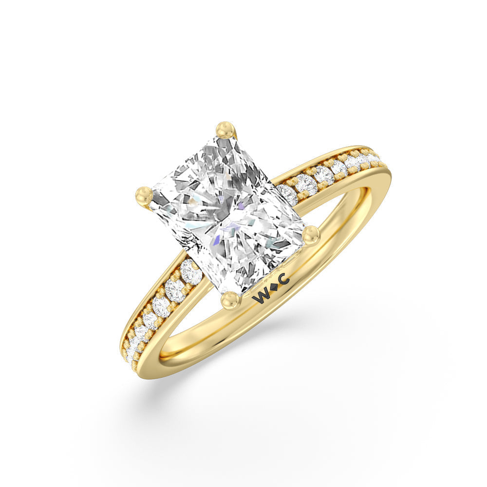 Tapering Scalloped Hidden Halo Engagement Ring with Radiant Cut Diamond in 14KT Yellow Gold view 3
