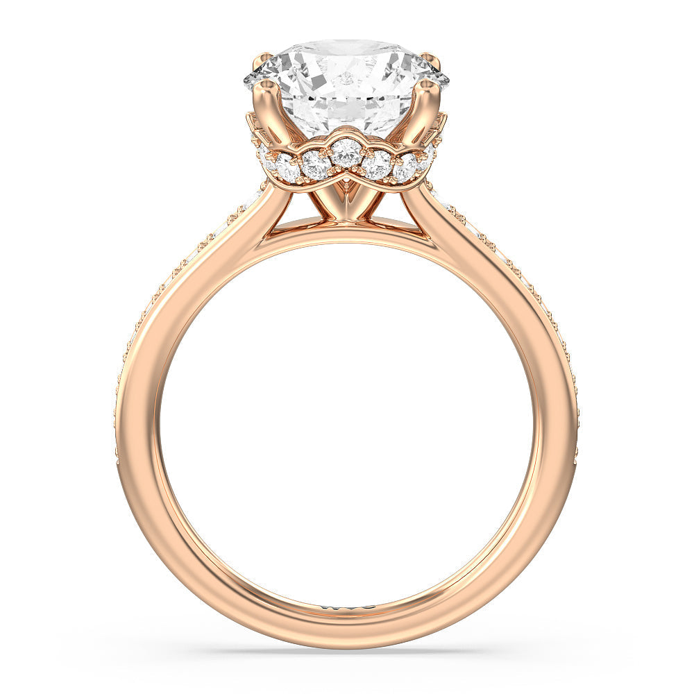 Tapering Scalloped Hidden Halo Engagement Ring with Round Cut Diamond in 14KT Rose Gold view 2
