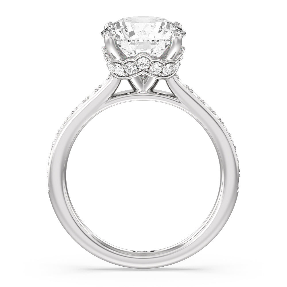 Tapering Scalloped Hidden Halo Engagement Ring with Round Cut Diamond in 14KT Platinum view 2
