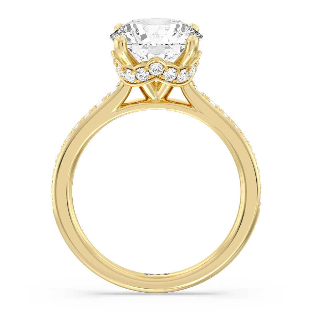 Tapering Scalloped Hidden Halo Engagement Ring with Round Cut Diamond in 14KT Yellow Gold view 2
