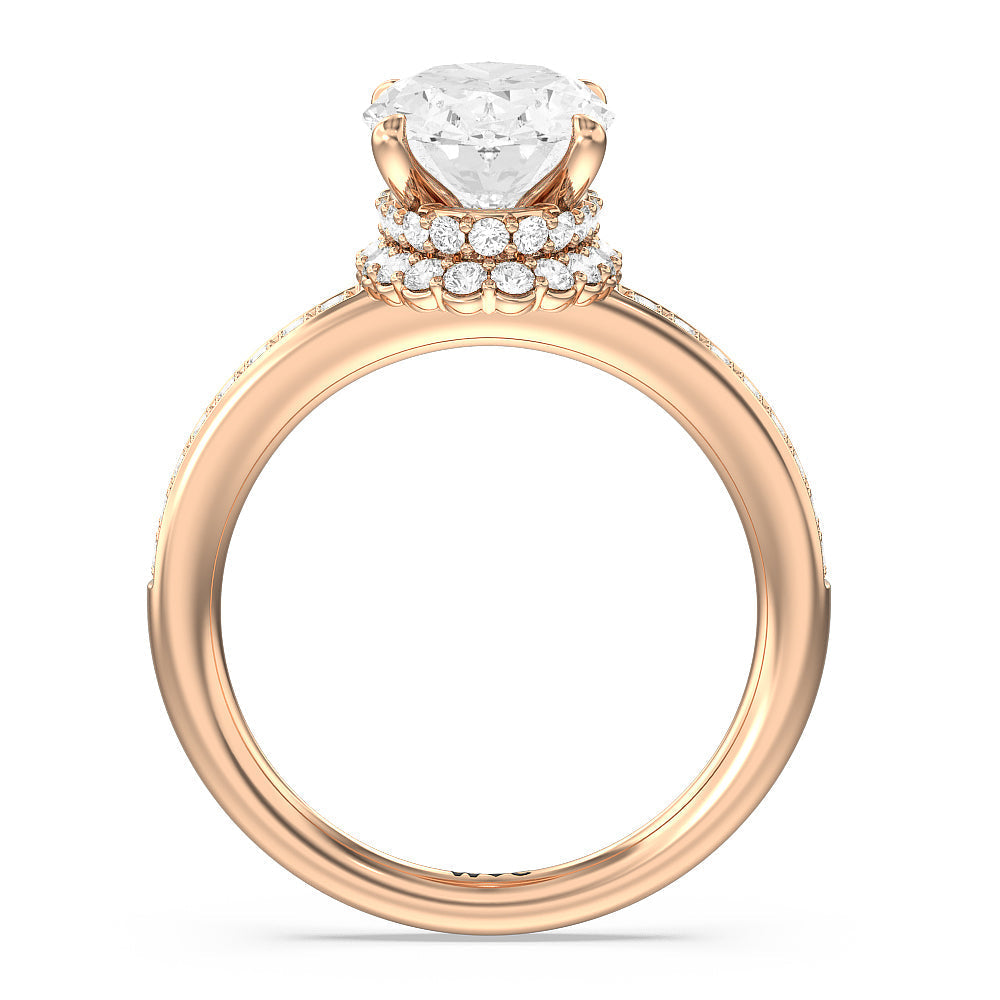 Collared Scalloped Hidden Halo Engagement Ring with Oval Cut Diamond in 14KT Rose Gold view 2
