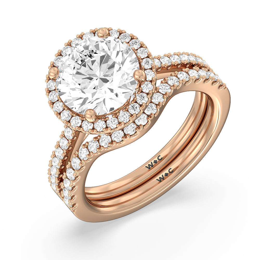 Halo And Scalloped Hidden Halo Cathedral Diamond Wedding Band with 18KT Rose Gold Cut Diamond in 14KT Rose Gold view 3
