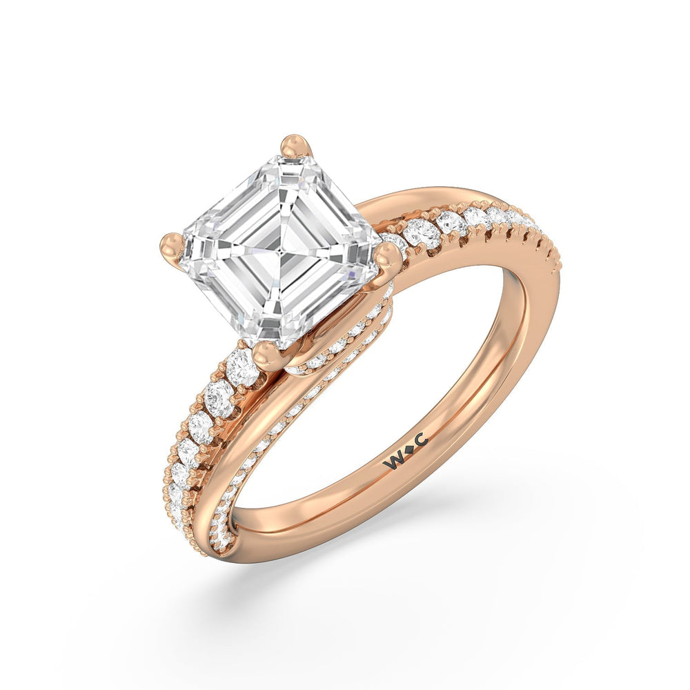 Ascending Gallery Studded Hidden Halo Engagement Ring with Asscher Cut Diamond in 14KT Rose Gold view 3
