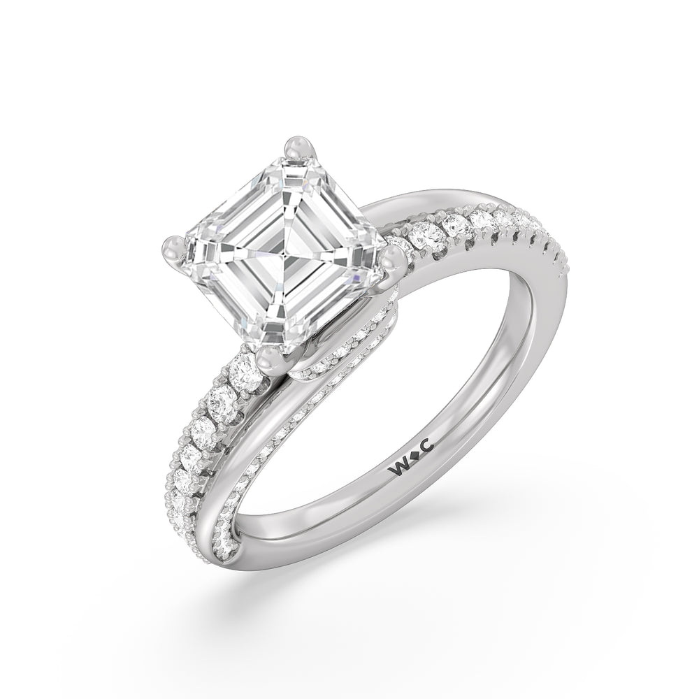 Ascending Gallery Studded Hidden Halo Engagement Ring with Asscher Cut Diamond in 14KT Platinum view 3
