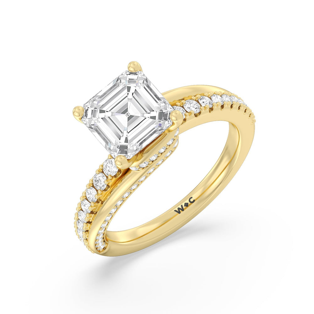 Ascending Gallery Studded Hidden Halo Engagement Ring with Asscher Cut Diamond in 14KT Yellow Gold view 3
