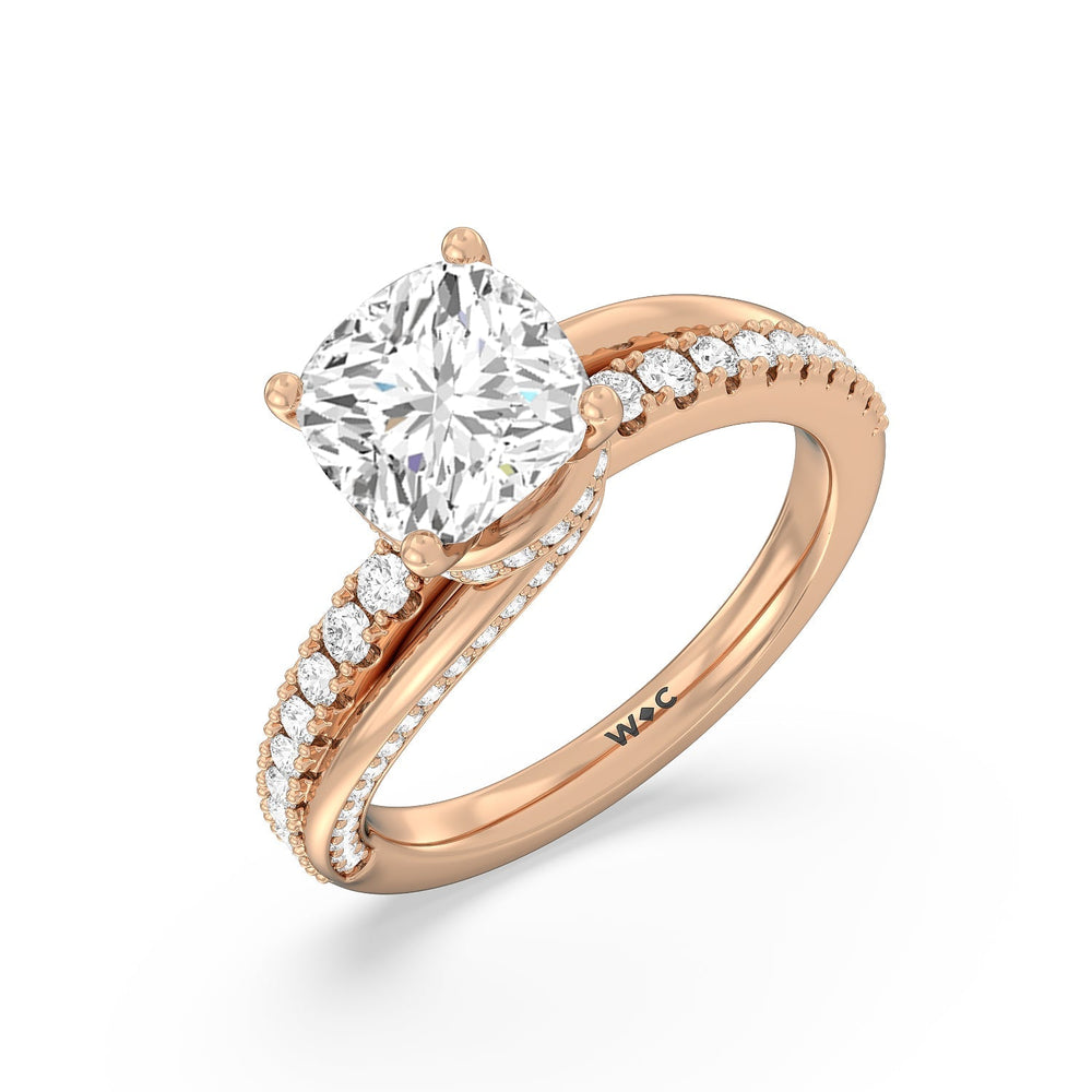 Ascending Gallery Studded Hidden Halo Engagement Ring with Cushion Cut Diamond in 14KT Rose Gold view 3
