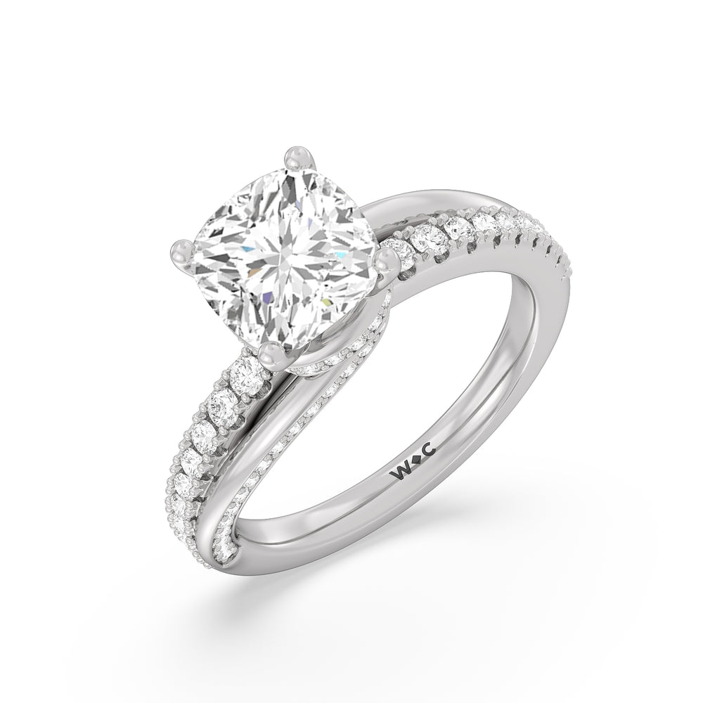 Ascending Gallery Studded Hidden Halo Engagement Ring with Cushion Cut Diamond in 14KT Platinum view 3
