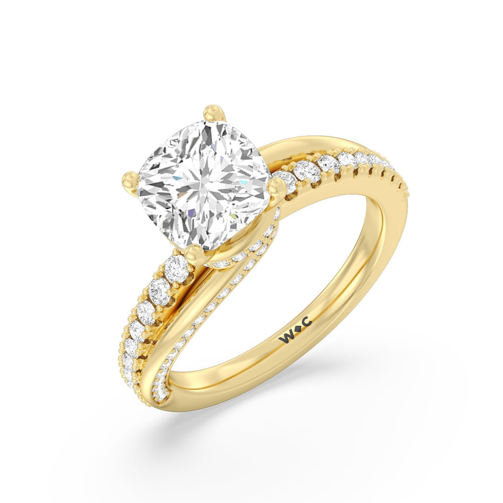 Ascending Gallery Studded Hidden Halo Engagement Ring with Cushion Cut Diamond in 14KT Yellow Gold view 3
