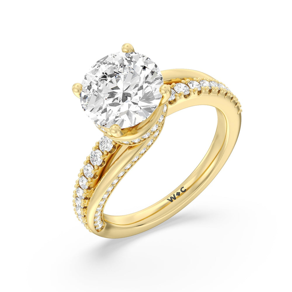Ascending Gallery Studded Hidden Halo Engagement Ring with Round Cut Diamond in 14KT Yellow Gold view 3
