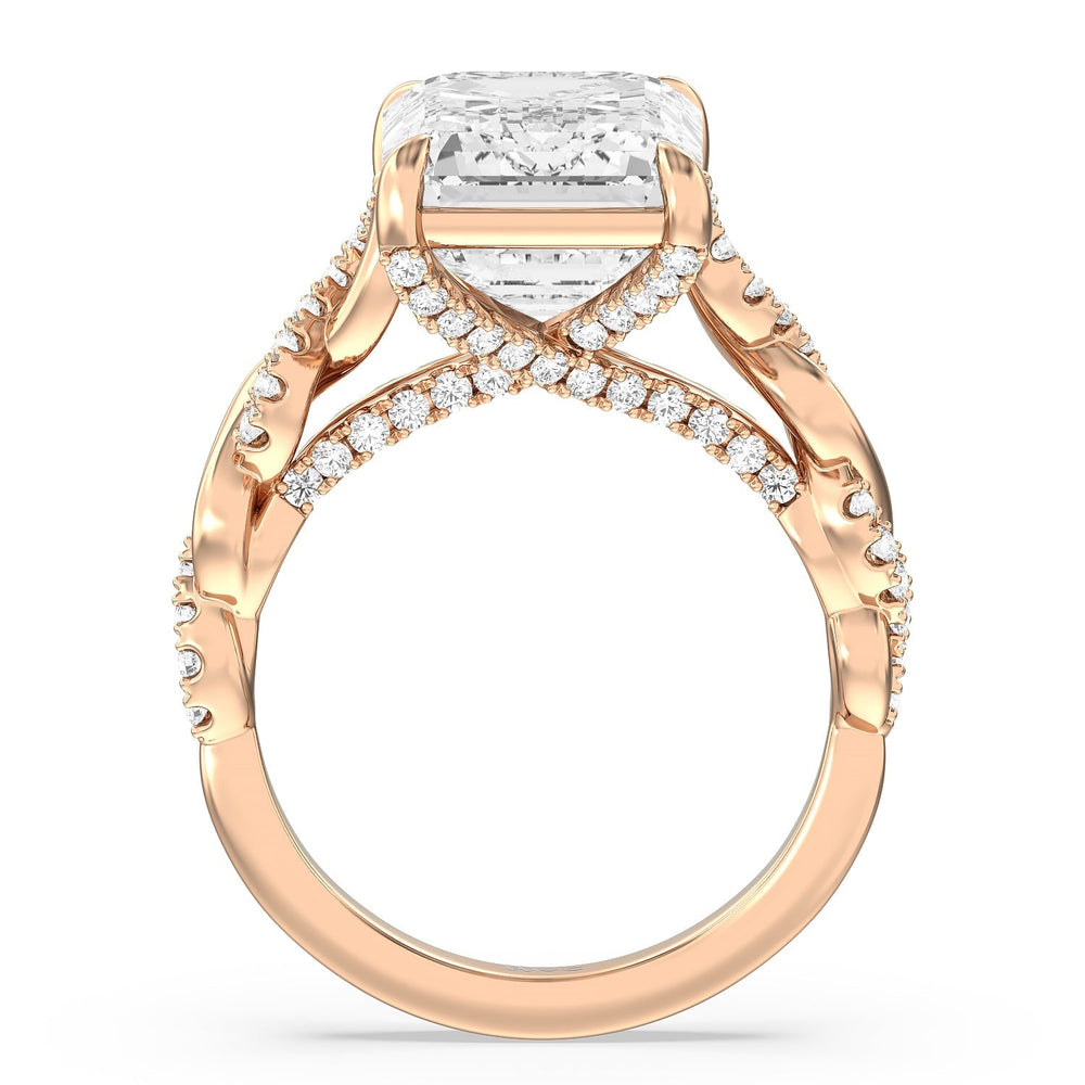 Radiant Cathedral Twist Ring with Emerald Cut Diamond in 14KT Rose Gold view 2
