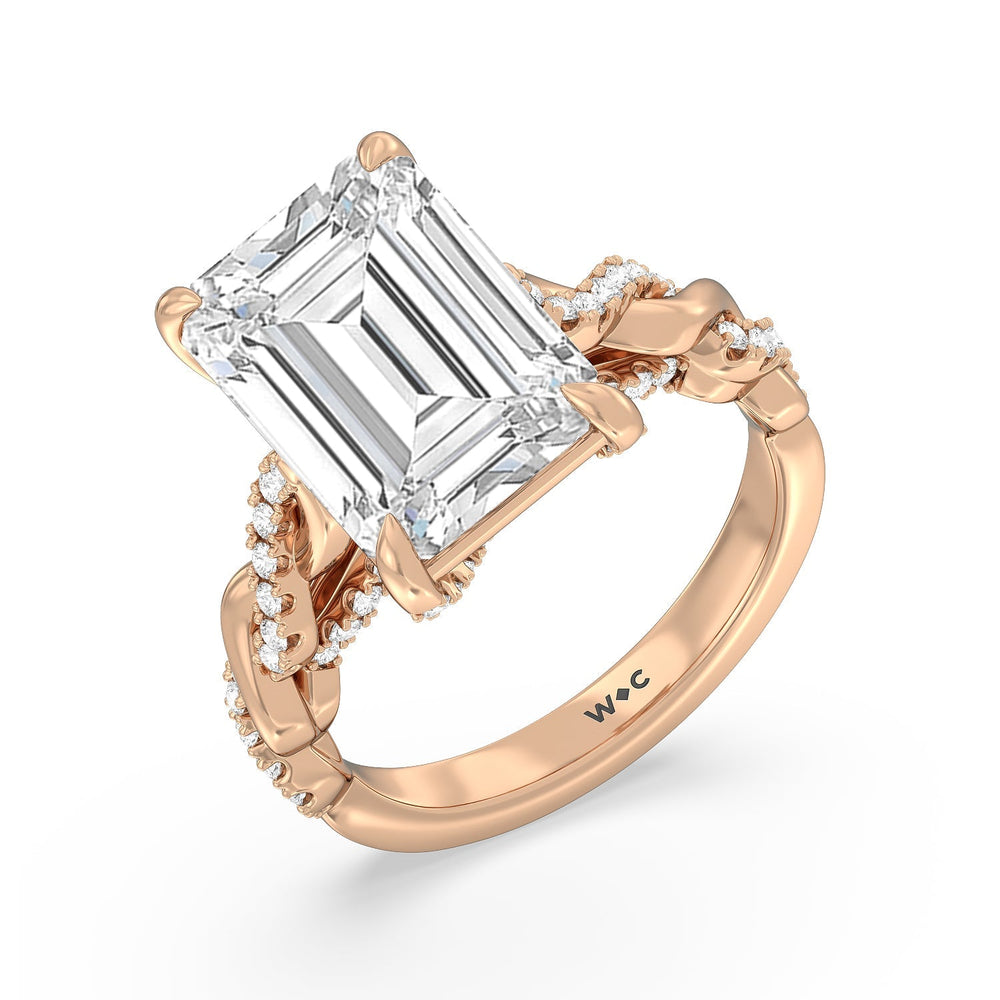 Radiant Cathedral Twist Ring with Emerald Cut Diamond in 14KT Rose Gold view 3

