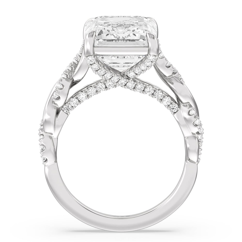 Radiant Cathedral Twist Ring with Emerald Cut Diamond in 14KT Platinum view 2

