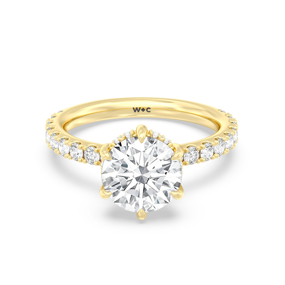Six Prong Hidden Halo Enagagement Ring with Round Cut Diamond in 14KT Yellow Gold view 1
