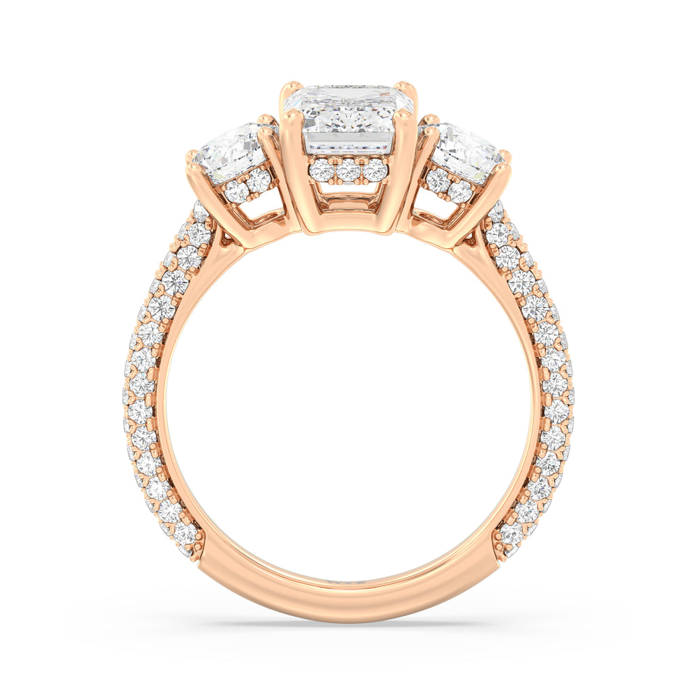 Elegance Three Stone Studded Gallery Hidden Halo Engagement Ring with Emerald Cut Diamond in 14KT Rose Gold view 2
