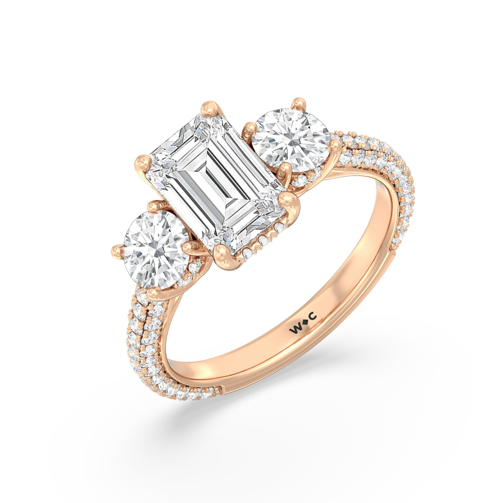 Elegance Three Stone Studded Gallery Hidden Halo Engagement Ring with Emerald Cut Diamond in 14KT Rose Gold view 3
