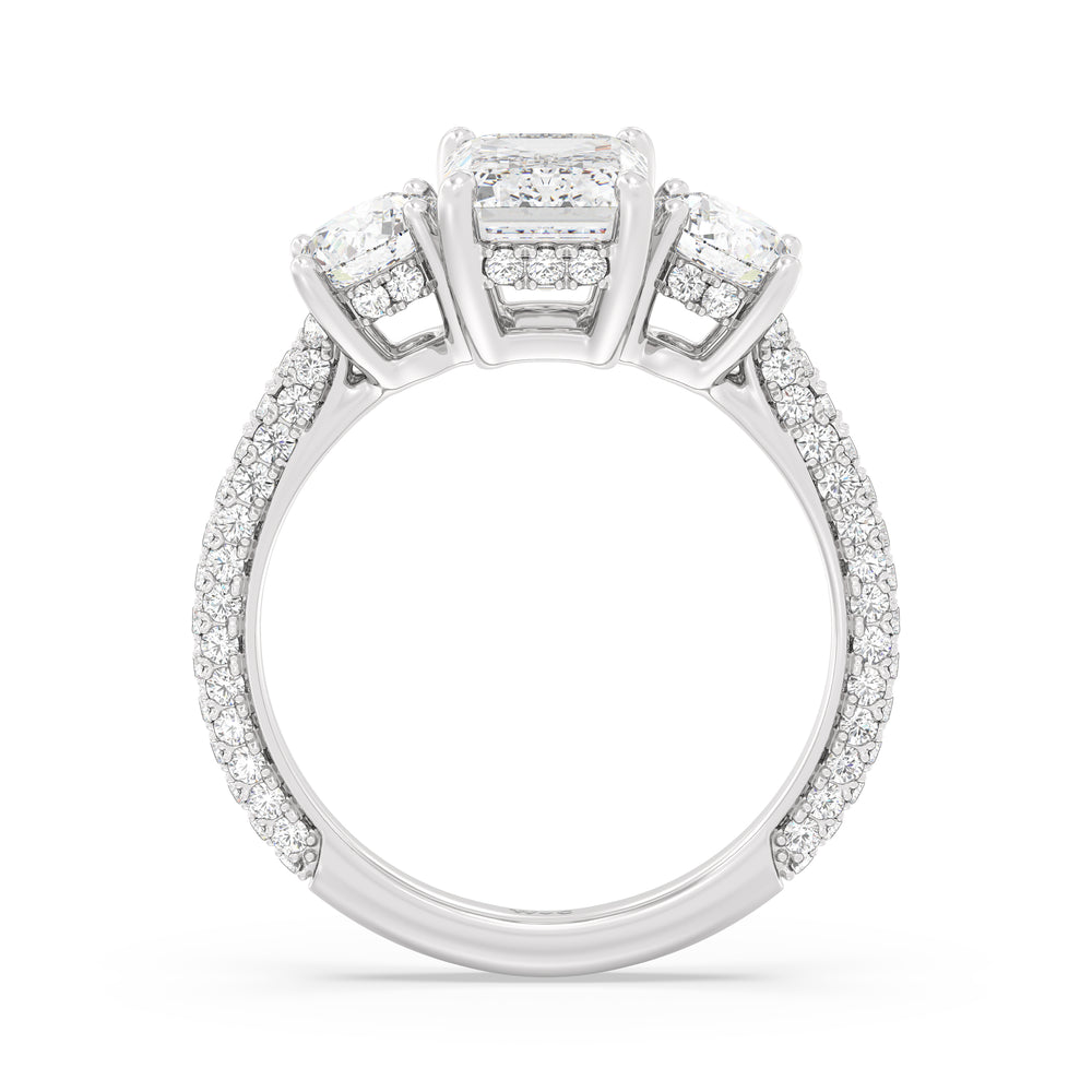 Elegance Three Stone Studded Gallery Hidden Halo Engagement Ring with Emerald Cut Diamond in 14KT Platinum view 2
