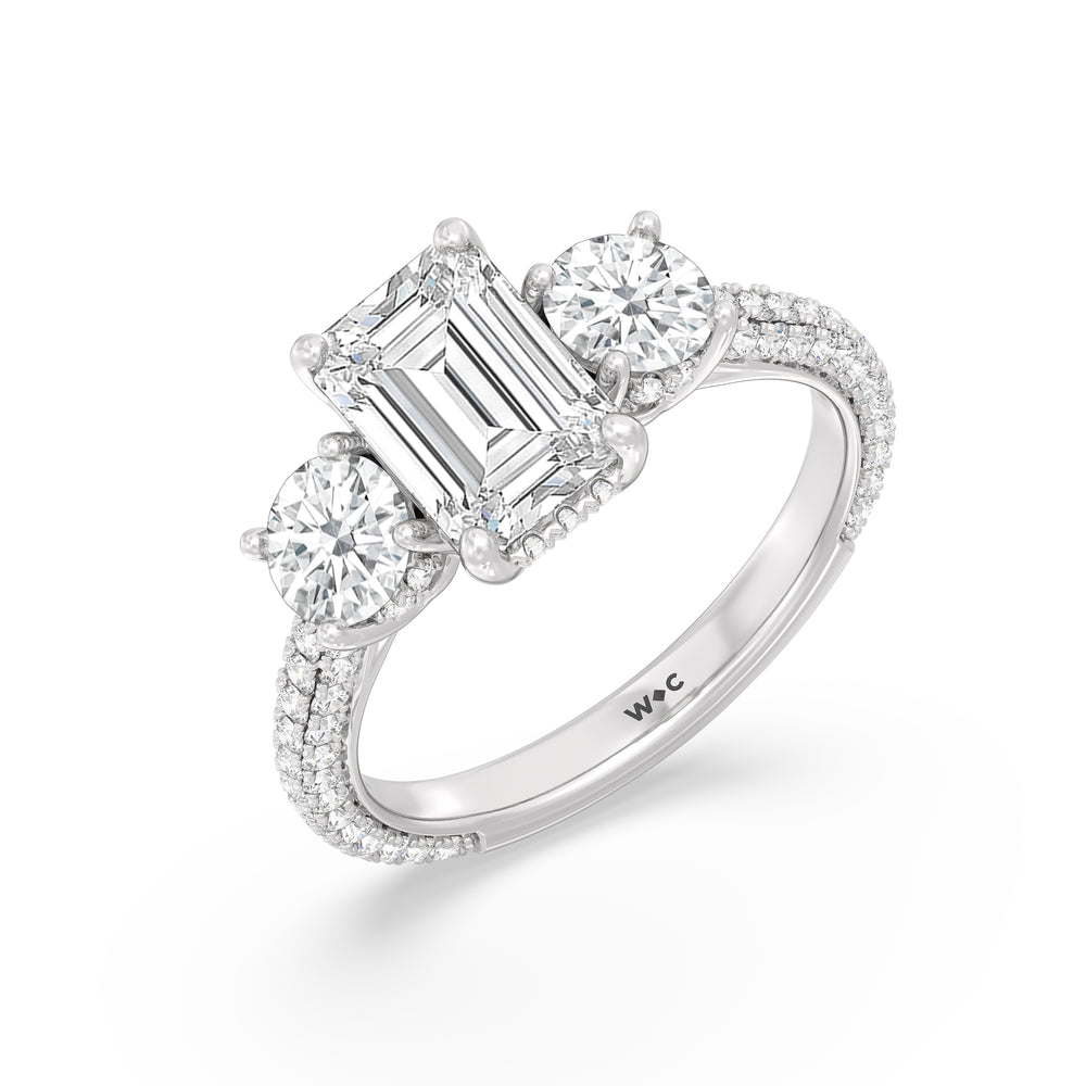Elegance Three Stone Studded Gallery Hidden Halo Engagement Ring with Emerald Cut Diamond in 14KT Platinum view 3

