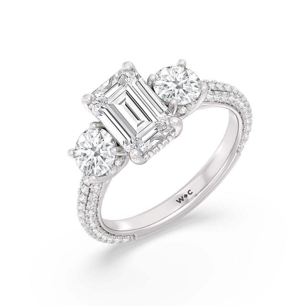 The Windsor Round Three Stone Ring with Emerald Cut Diamond in 14KT Platinum view 7
