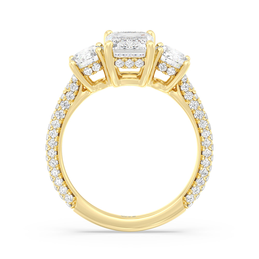 Elegance Three Stone Studded Gallery Hidden Halo Engagement Ring with Emerald Cut Diamond in 14KT Yellow Gold view 2
