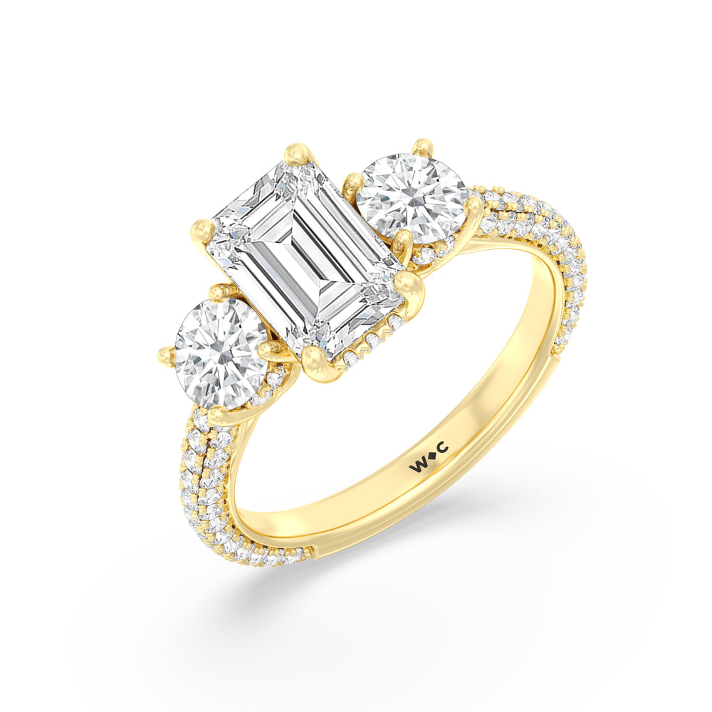 Elegance Three Stone Studded Gallery Hidden Halo Engagement Ring with Emerald Cut Diamond in 14KT Yellow Gold view 3
