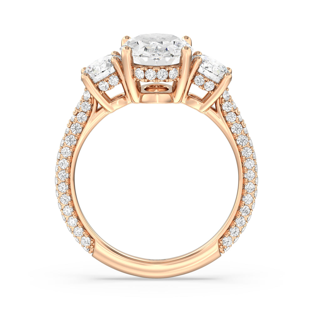 Elegance Three Stone Studded Gallery Hidden Halo Engagement Ring with Oval Cut Diamond in 14KT Rose Gold view 2
