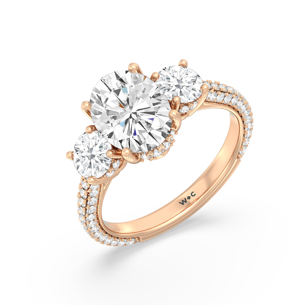 Elegance Three Stone Studded Gallery Hidden Halo Engagement Ring with Oval Cut Diamond in 14KT Rose Gold view 3
