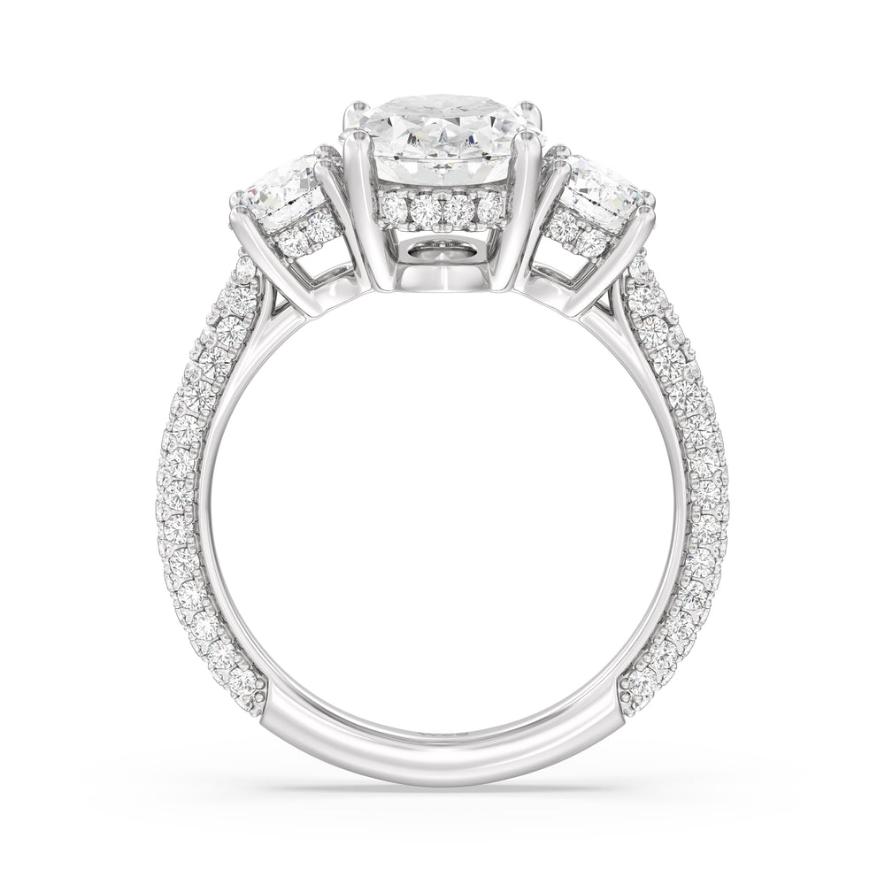 Elegance Three Stone Studded Gallery Hidden Halo Engagement Ring with Oval Cut Diamond in 14KT Platinum view 2

