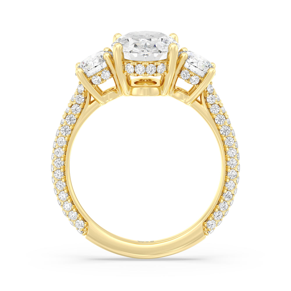 Elegance Three Stone Studded Gallery Hidden Halo Engagement Ring with Oval Cut Diamond in 14KT Yellow Gold view 2
