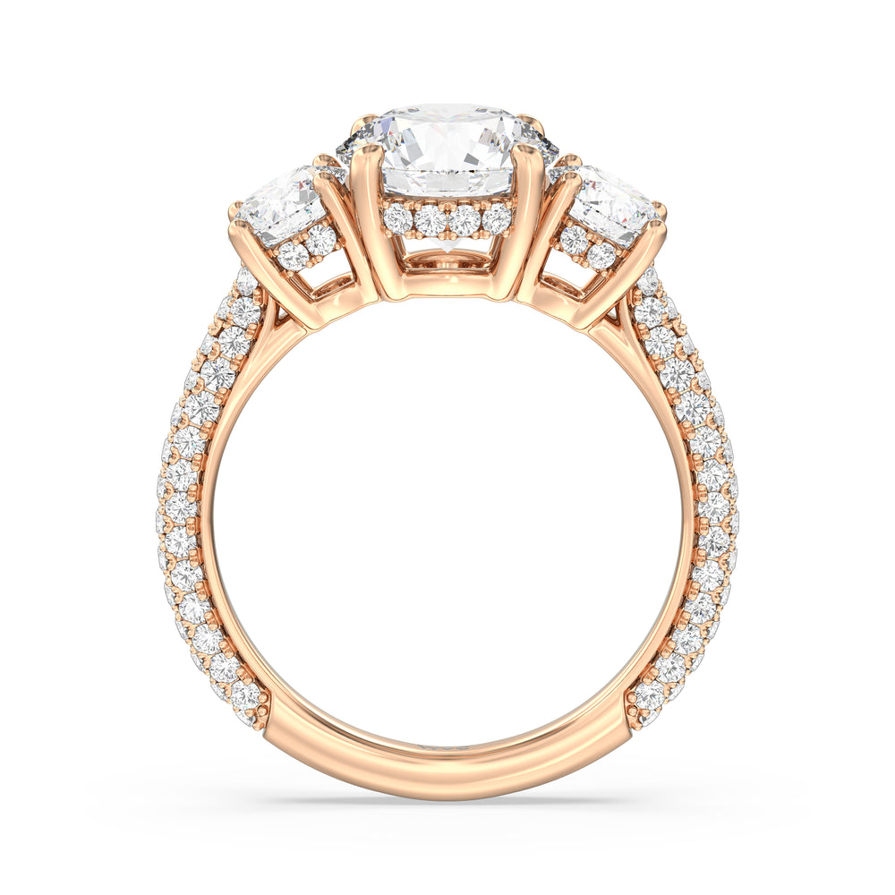 Elegance Three Stone Studded Gallery Hidden Halo Engagement Ring with Round Cut Diamond in 14KT Rose Gold view 2
