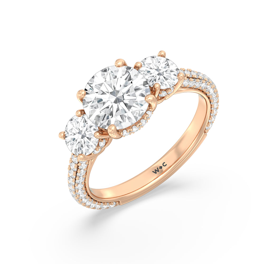 Elegance Three Stone Studded Gallery Hidden Halo Engagement Ring with Round Cut Diamond in 14KT Rose Gold view 3
