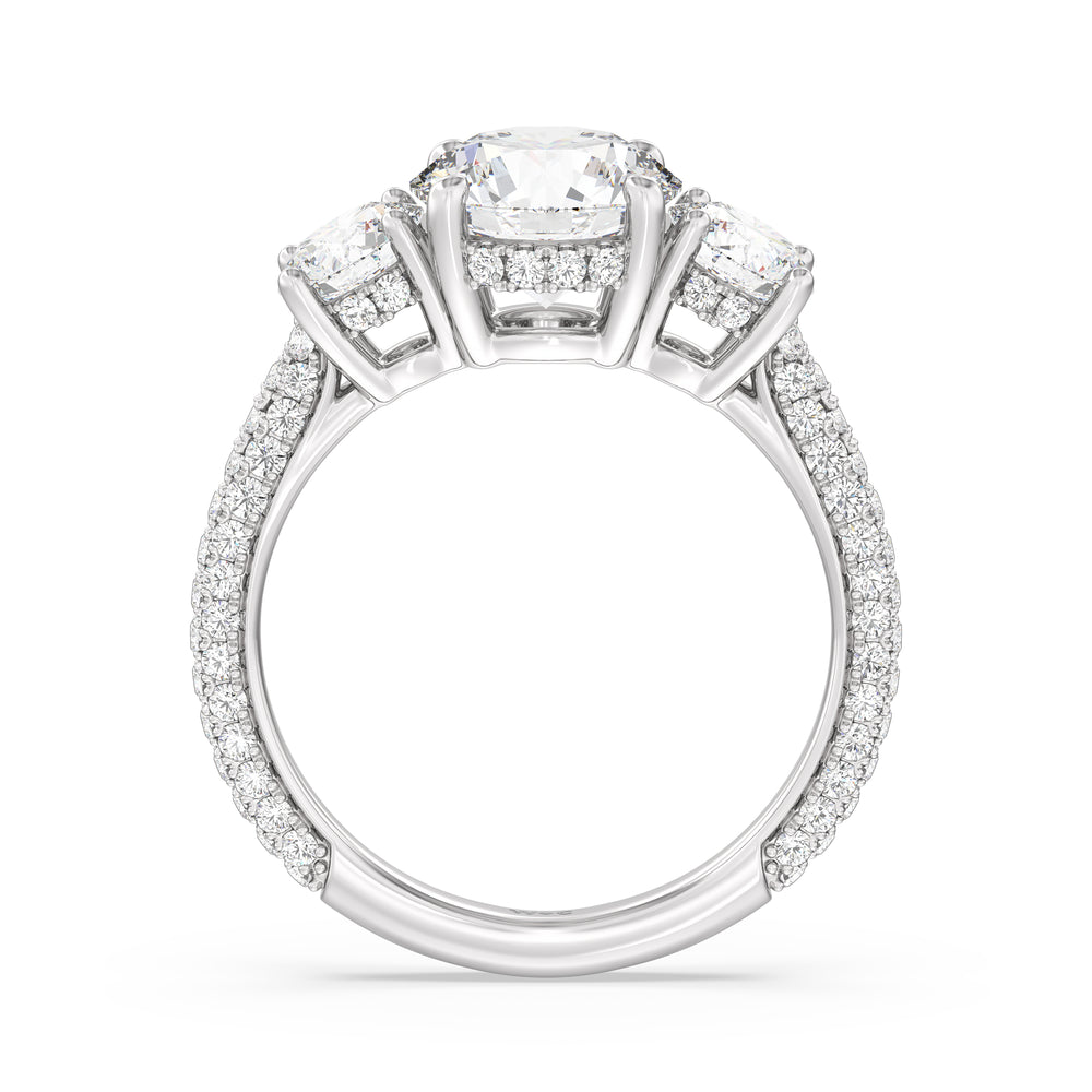 Elegance Three Stone Studded Gallery Hidden Halo Engagement Ring with Round Cut Diamond in 14KT Platinum view 2
