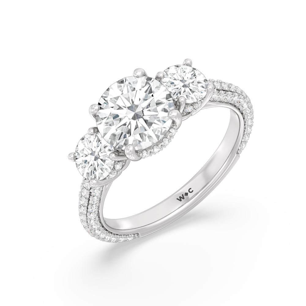 Elegance Three Stone Studded Gallery Hidden Halo Engagement Ring with Round Cut Diamond in 14KT Platinum view 3

