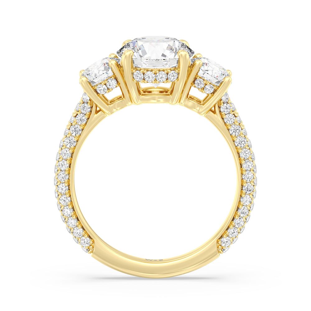 Elegance Three Stone Studded Gallery Hidden Halo Engagement Ring with Round Cut Diamond in 14KT Yellow Gold view 2
