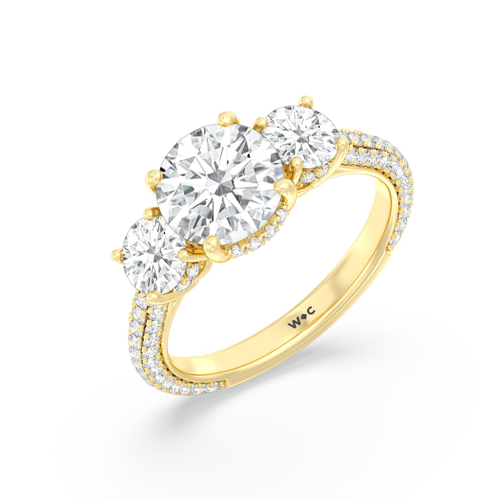 Elegance Three Stone Studded Gallery Hidden Halo Engagement Ring with Round Cut Diamond in 14KT Yellow Gold view 3
