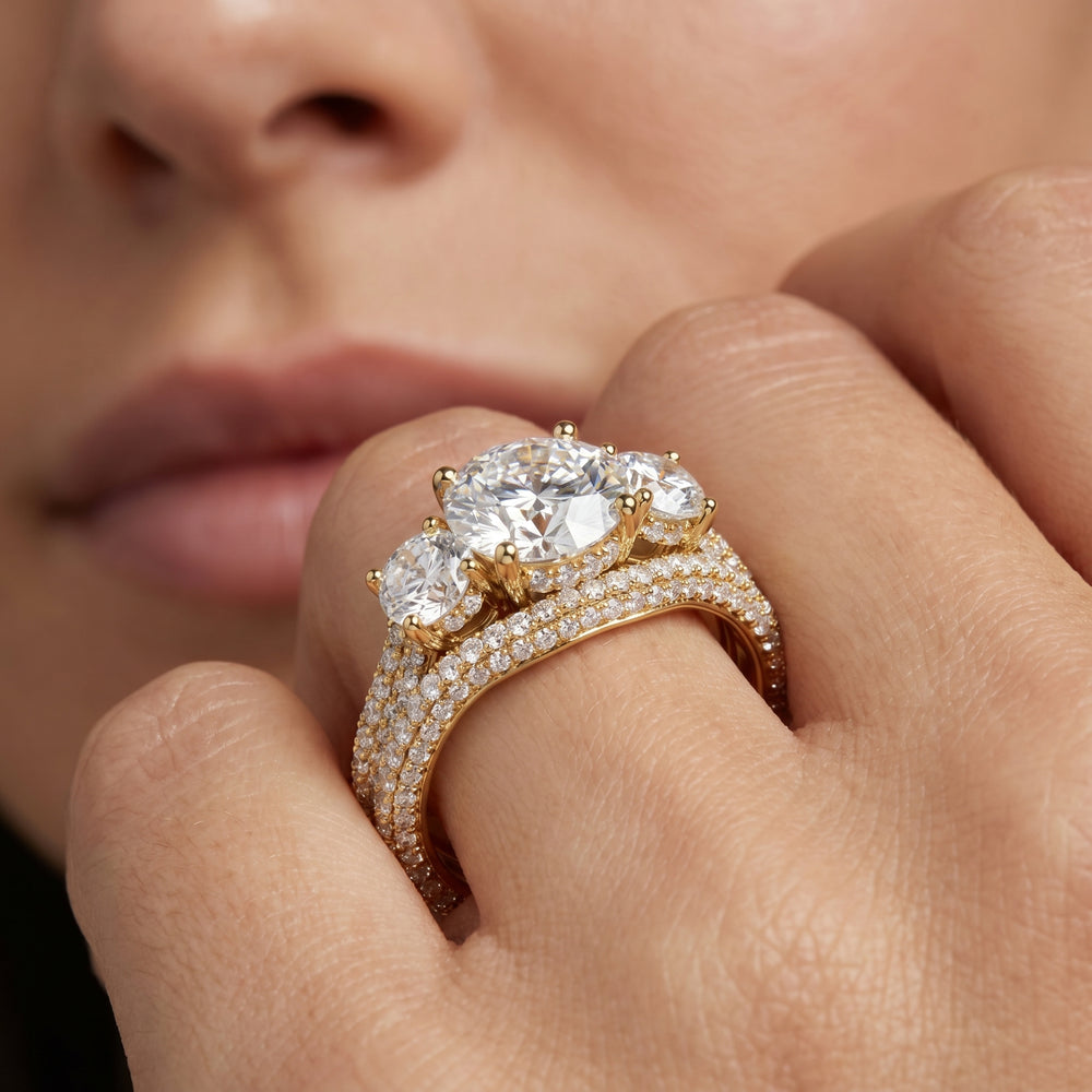 The Windsor Round Three Stone Diamond Wedding Band with 18KT Yellow Gold Cut Diamond in 14KT Yellow Gold view 3

