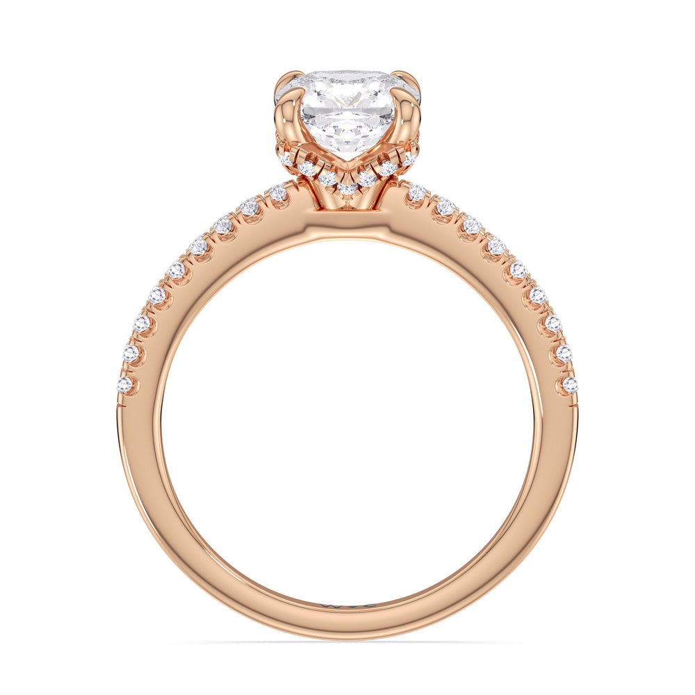 Fine Chevron Hidden Halo Engagement Ring with Cushion Cut Diamond in 14KT Rose Gold view 2
