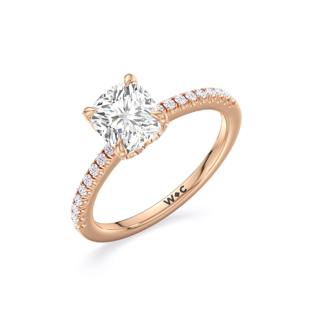 Fine Chevron Hidden Halo Engagement Ring with Cushion Cut Diamond in 14KT Rose Gold view 3
