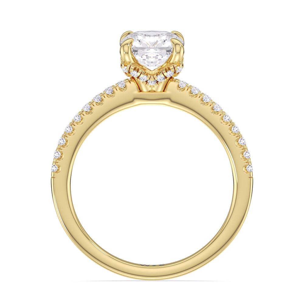 Fine Chevron Hidden Halo Engagement Ring with Cushion Cut Diamond in 14KT Yellow Gold view 2
