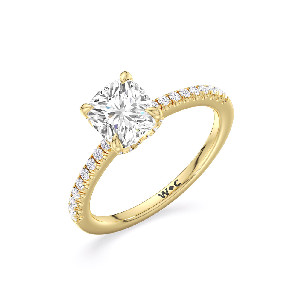 Fine Chevron Hidden Halo Engagement Ring with Cushion Cut Diamond in 14KT Yellow Gold view 3
