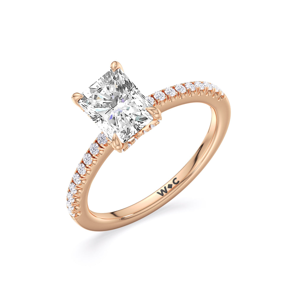 Fine Chevron Hidden Halo Engagement Ring with Radiant Cut Diamond in 14KT Rose Gold view 3

