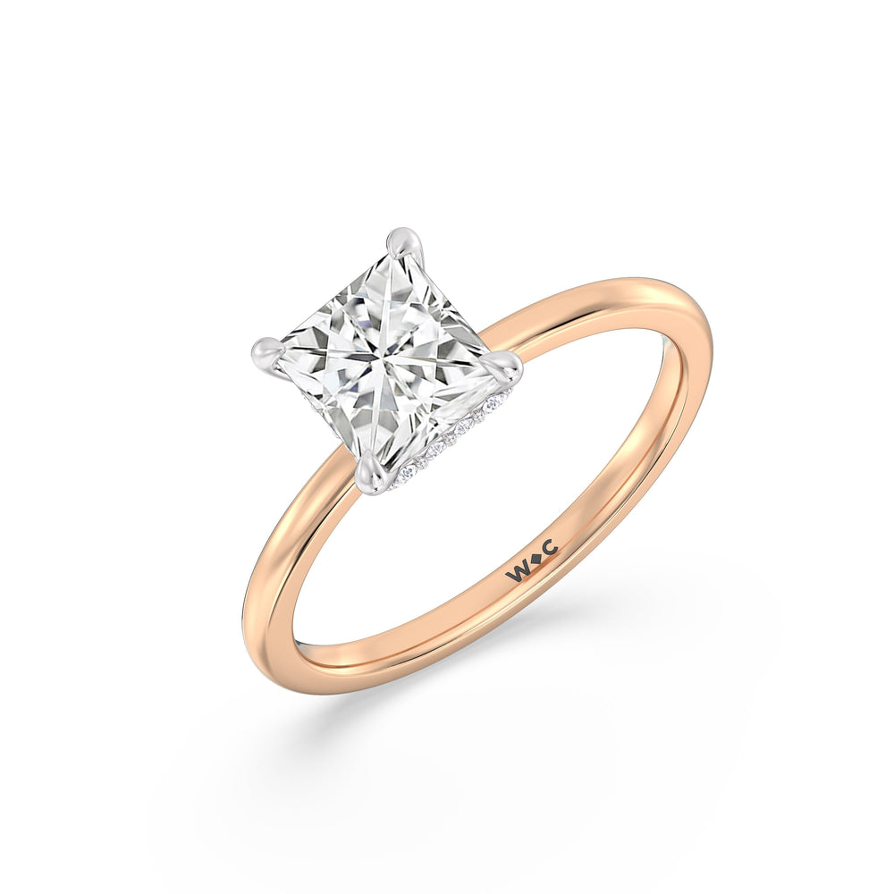 Petite Modern Fine Line Hidden Halo Engagement Ring with Princess Cut Diamond in 14KT White & Rose Gold view 3
